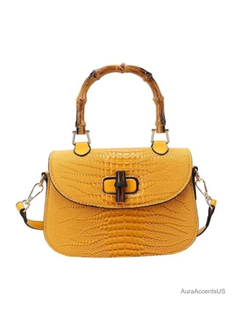 PU Leather Crossbody Bag Bamboo Top Handle Handmade